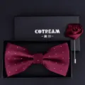 Burgundy polka dot bow tie and rose brooch gift set for men wedding groom tuxedo suit. - HVN1316