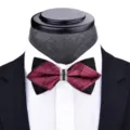 Men's burgundy plaid bow tie with crystal rhinestones, classic groom wedding tuxedo accessory. - T6069