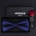 Mens blue paisley bow tie and red rose brooch gift box set for wedding groom formal suits. - HVN1317