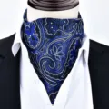 Men's blue paisley silk ascot cravat for vintage suit, classic british neck scarf style. - X921
