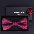Mens burgundy paisley bow tie and lapel pin gift set packaged in an elegant black box. - HVN1318