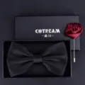 Black bow tie and red rose brooch gift set for men, elegant wedding suit accessory. - HVN3301