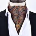 Men's vintage paisley Ascot tie cravat with classic black and gold pattern for suits. - X923