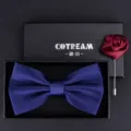 Men gift box bow tie and brooch set groom wedding accessories dark blue bow red rose pin - HVN3302