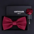 Burgundy bow tie and rose lapel pin gift set for men, elegant wedding tuxedo accessories. - HVN3303