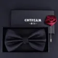 Men's black bow tie and wine red rose lapel pin gift box set for wedding groom formal wear. - HVN3305