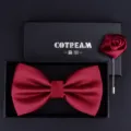 Red bow tie and rose brooch gift set for men, elegant wedding formal suit accessories box. - HVN3307