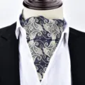 Men's retro paisley ascot tie, navy blue with gold pattern, stylish fashion neck scarf. - X9101