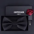 Black bow tie and red rose brooch gift set for men, elegant wedding suit accessories box. - HVN3308