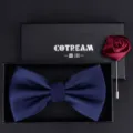 Mens bow tie and lapel pin gift set, dark blue bowknot and wine red rose brooch box. - HVN3309