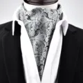 Classic black and white paisley men's ascot cravat, elegant retro formal neck scarf for suits. - X9117