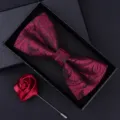 Burgundy paisley bow tie and rose brooch gift box set for men, elegant wedding accessory. - HVN1351