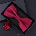 Burgundy bow tie and brooch set for men wedding groom formal wear gift box packaging - HVN1362