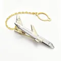 Pince à cravate avion dorée et argentée pour homme, accessoire de cravate en métal élégant. - Grand Avion (Avec Chaîne)
