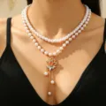 Double layer faux pearl necklace with gold flower pendant choker for women retro jewelry - Double Layer Hollow Flower Tassel Style (04 Stacked 2)