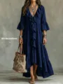 Detailansicht des V-Ausschnitt Rüschen Maxikleids, langer Ärmel im Boho-Stil dunkelblau. - S / Marineblau