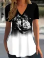 Camiseta de verano para mujer con cuello en V y manga corta con estampado de rosas. - S / Rosa Negra