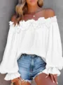 Donna tinta unita casual moda vacanze volant spalla scoperta top maniche lunghe vista - 1XL / Bianco