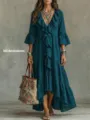 Retro V-Ausschnitt Rüschen Midikleid für Damen, elegante langarm boho Freizeitkleid blau. - S / Blaugrün