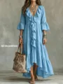 Damen Boho V-Ausschnitt Rüschen Patchwork Maxikleid lässig lose langarm blaues Vintage Kleid - Himmelblau