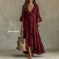Bequemes burgunderrotes V-Ausschnitt Rüschen Midikleid, stilvoller eleganter Herbstrock. - S / Burgunderrot