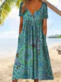 Robe d'ete decontractee pour femme manchette courte imprimee bouton col V plage - 1XL / Vert