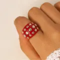 Red resin wide band ring with silver studs, retro style fashion jewelry accessory for women - Red