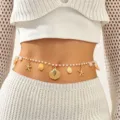 Bohemian pearl waist chain with starfish and shell pendants, perfect for beach vacation. - Artificial Pearl Starfish Style (H-201) / Gold