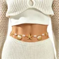 Boho gold waist chain with starfish, shells and faux pearls for women beach vacation jewelry. - Artificial Pearl Starfish Shell Style (0154)