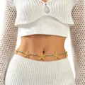 Bohemian gold starfish belly chain with turquoise beads, perfect for beach vacation dress. - Starfish Turquoise Bead Style (5548)