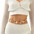 Boho beach waist chain with gold metal starfish shell pearls for summer vacation style. - Three-Dimensional Starfish Shell Style (7769)