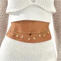 Bohemian gold waist chain featuring ocean starfish seashell charms and pearls for beach resort wear. - Multi-Layer Starfish Shell Style (WG-0873)