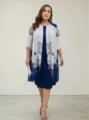 Plus size summer women two piece dress set with printed open front cardigan and dress. - XL / Set / Light Blue
