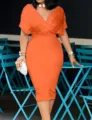Close-up detail of the sexy V-neck party dress with pearl and rhinestone embellishments. - S / Dresses / Orange Red