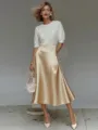 Elegant white knit top and champagne satin midi skirt set, perfect for professional women. - S / Bottoms / Khaki