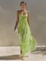Summer floral slip maxi dress for women, green cami dress with high waist and elegant drape. - S / Dresses / Grass Green