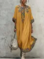 Boho embroidered yellow midi dress detail, loose fit, stylish ethnic fashion look. - S / Orange Red