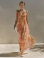 Summer floral maxi slip dress, V-neck off-shoulder high waist beach long dress detail. - S / Dresses / Orange