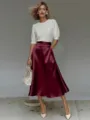 Elegant satin A-line midi skirt detail, smooth glossy fabric texture, stylish commute look. - S / Bottoms / Burgundy