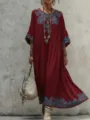 Boho bohemian red long sleeve dress with blue embroidery details loose fit casual wear. - S / Dark Red
