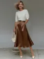 Elegant satin A-line midi skirt for women, chic commuting style, smooth fabric, 2026 fashion. - Dark Brown
