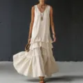 Womens sleeveless solid color long dress with tiered ruffle hem casual elegant maxi dress. - S / Dresses / Apricot