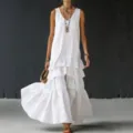 White sleeveless tiered long dress, casual loose maxi dress with ruffle hem for women. - S / Dresses / White