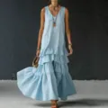 Solid color women's loose sleeveless maxi dress with tiered hem for casual summer wear. - S / Dresses / Light Blue