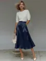 Elegant smooth satin A-line midi skirt featuring a chic high waist and flowing drape silhouette. - Navy Blue