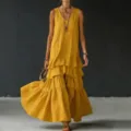 Yellow sleeveless loose tiered maxi dress for women, casual long dress for summer styling. - S / Dresses / Orange