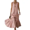 Rosa einfarbig ärmellos gestuftes Maxikleid für Damen, lose Freizeit Sommerkleid lang. - Rosa