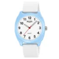 Orologio al quarzo minimalista con cassa azzurra, cinturino in silicone bianco e quadrante. - Blu rosato