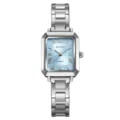 Women quartz watch silver stainless steel strap light blue rectangular dial elegant - Silver Case Blue Dial