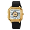 SKMEI orologio digitale quadrato da uomo cassa oro cinturino silicone nero pedometro - Oro (Cinturino in silicone)